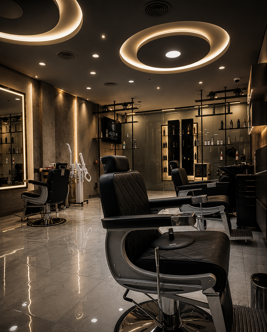 The Aleph Gents Salon floor in JLT with illuminated mirrors and black barber chairs